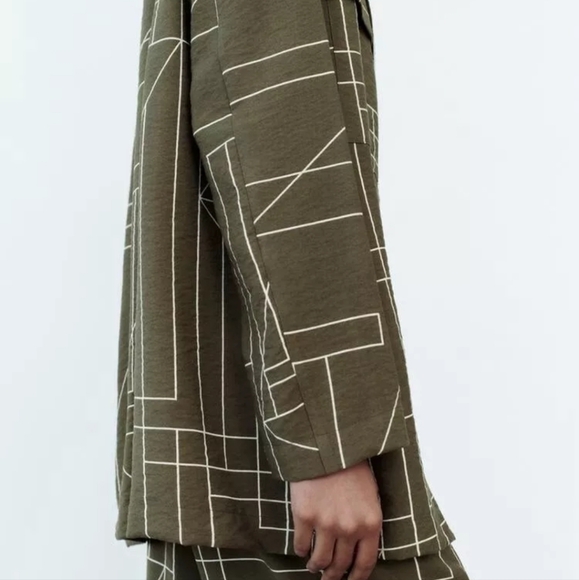ZARA Khaki Green Oversized Relaxed Geometric Print Lightweight Blazer XS - Picture 7 of 8